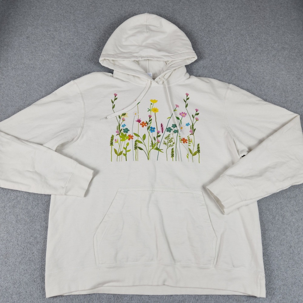 Port & Company Hoodie Unisex Large White Wildflower Floral Long Sleeve Pullover